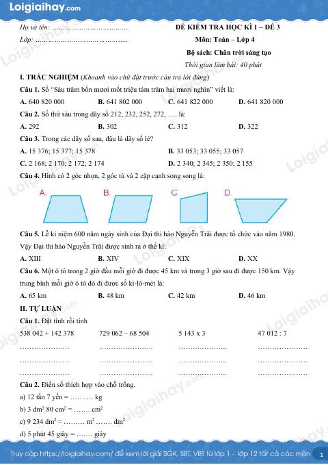 Đề kiểm tra học kì 1 Toán 4 Chân trời sáng tạo - Đề số 3